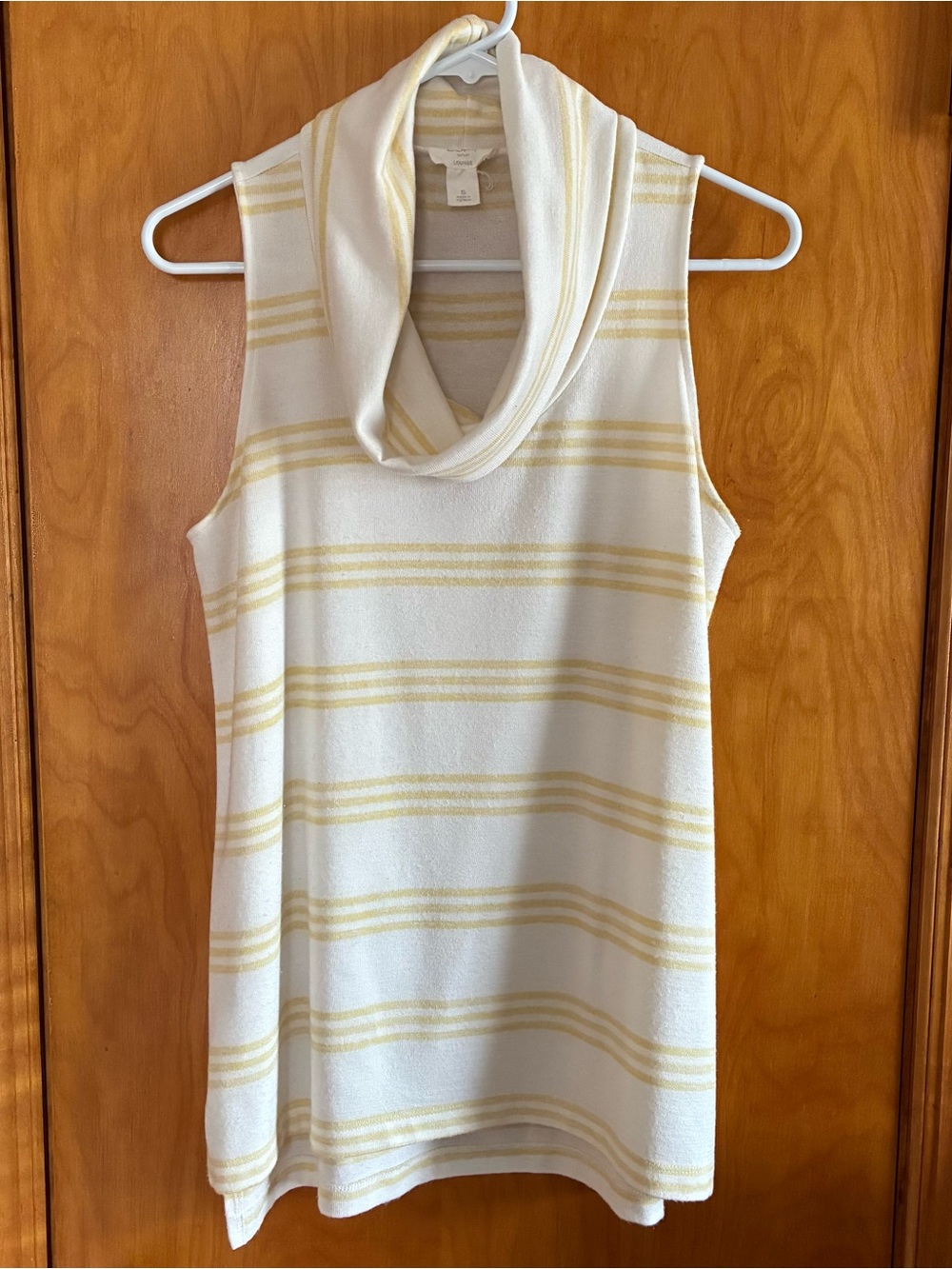 LOFT Sleeveless Cowl Neck Knit Top -White with Butter Yellow Stripes. Roomy Sz S